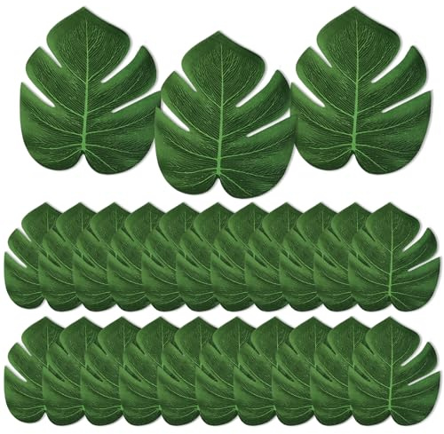 48 hojas tropicales decorativas artificiales, hojas tropicales, hojas de palma, decoración de cumpleaños para selva hawaiana, temática de playa, cumpleaños, fiestas, decoración tropical, 15 cm + 20 cm
