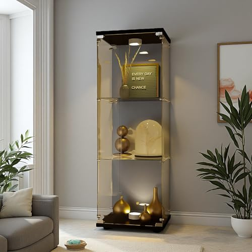 Poeahu Glasvitrine Standvitrine, Schwarze Vitrine, Sammlervitrine Vitrinenschrank, 3-stufige Glasvitrine, 1 Tür mit LED Und Schloss Glasvitrine Stehend, Für Wohnzimmer Schlafzimmer Büro (schwarz)