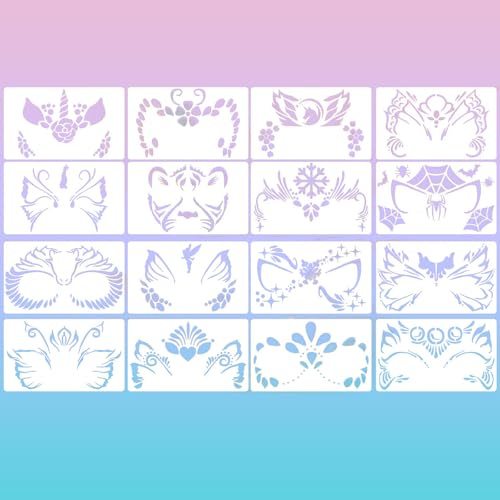 Set di stencil per pittura del viso, 16 pezzi, 20 x 12 cm, riutilizzabili, per bambini, animali e fate