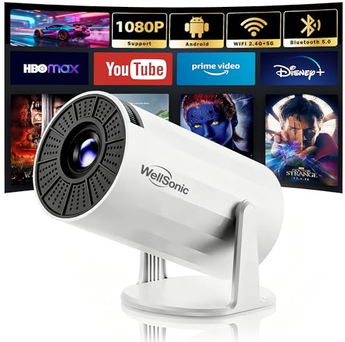 WellSonic Mini proiettore con WiFi e Bluetooth, proiettore cinematografico portatile supporto 4K, Keystone automatico, rotazione di 210°, schermo da 130 pollici, compatibile con HDMI Phone TV Stick