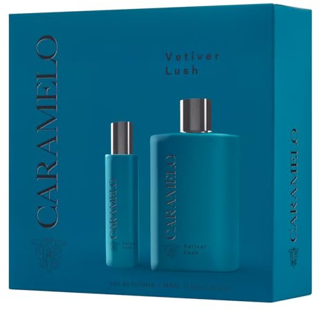 CARAMELO - Vetiver Lush Estuche Regalo 100 + 30 ml, Colonia Hombre, Pack 2, Perfume Formato Spray, Eau de Toilette Natural y Masculina, Aroma Aromático Fougére, Fragancia Fresca, Elegante