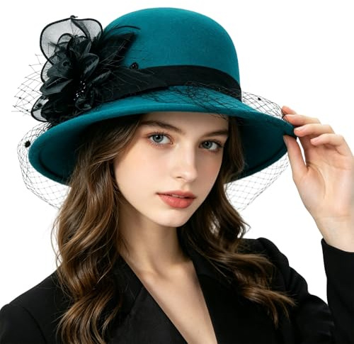 TINAYAUE Damen Filzhut Retro Fischerhut Schön Zylinderhut Rundhut mit Netz, Blumen Weiche Wollmütze Elegante Kirchenhut Schlapphut mit Schleier für Konzerte, Teepartys, Kirche