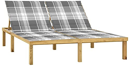 Qnhdfrt Doppel Sonnenliege 200x138x77 cm Kiefer imprägniert verstellbare Rückenlehne grau Karo Auflage platzsparende Gartenliege wetterfest für Balkon Terrasse Strand Garten