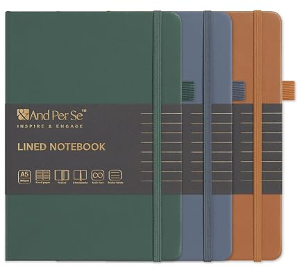 &And Per Se Lined Notebooks 3-Pack Gift Set, A5 Hardcover Journals, 160 Pages 100gsm Thick Paper, 3 Assorted Colors (Brown, Blue, Green) – Gift for Men
