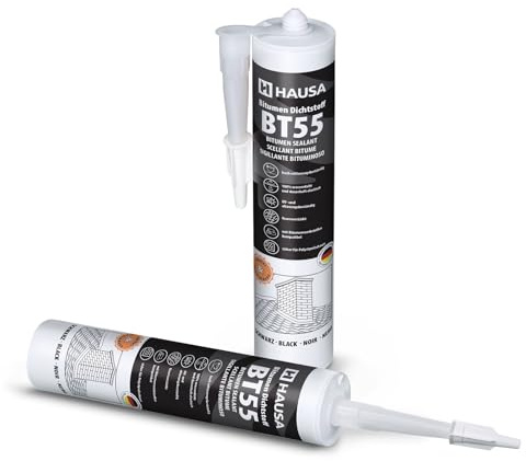 Hausa Bitumen Dach Dichtstoff BT55 – faserverstärkter Bitumen-Dichtstoff für Dach & Blech – wasserfest, UV-beständig & dauerhaft plastisch – 600 ml Kartusche – ideal für Dachreparaturen