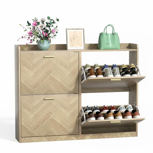 Yvsevnr Fischgrätmuster Schuhschrank mit 4 Schublade Holz Schuhkipper für 24-28 Paar Schuhe, Schuhregal mit Verstellbaren Regalen, Schuhkommode für Diele, Flur, Schlafzimmer 120 x 93 x 23.5 cm