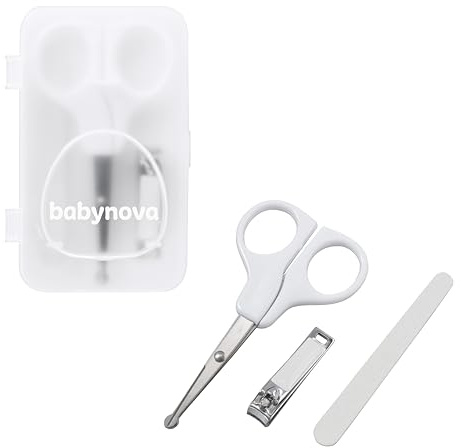 babynova Manikyrset för Bebisar – Säkert Nagelvård Set med Sax med Rundade Spetsar, Nagelklippare & Fil – Hygienisk Förvaringslåda för Resor & Daglig Användning – BPA-fri