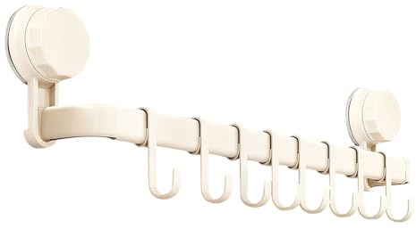Küchenstange,Hakenleiste Küche ohne Bohren mit 8 Haken,Küchenutensilienhalter Saugnapf Montage,45 cm lang,Halter für Küchenutensilien,Selbstklebend Abnehmbarer Haken für Küche, Bad, Zimmer (Weiß)