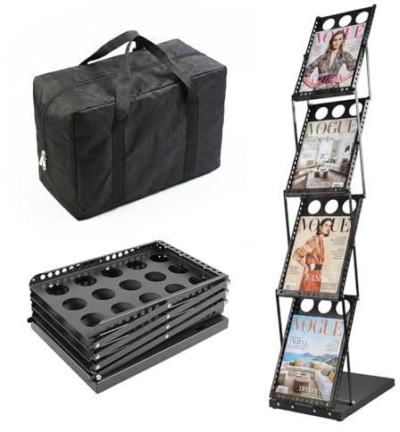 YedZen A4 Brochure Display Stand, 4 Pockets Portable Folding Magazine Rack | with Carrying Bag, 4 Shelf Leaflet Stand Exhibition, Floor Holder Literature, Trade Show, Magazine, Office