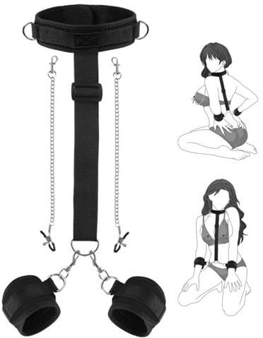 BDSM Bondage-Set für Paare, Verstellbares SM Fessel-Set mit abnehmbaren Handschellen, Halsband & Brustwarzenklemmen, erotisches Spielzeug für Paare, Fetisch & Rollenspiele