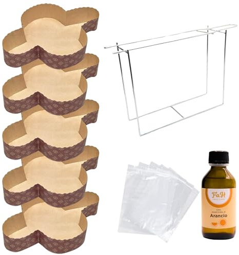 FAH Kit Stampo per Colomba 1Kg (5pz) + Spillone con Supporto | + Sacchetti e Chiusure + Aroma di Arancia 100 ml. – Forme per Colomba Pasquale in Carta Naturale Resistente al Calore 220°C