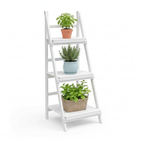 Melko Pflanzentreppe Blumentreppe 3 Etagen Fichtenholz 43x44x109 cm Weiß | standfestes Blumenregal für Kräuter und Deko, platzsparend für schmale Ecken, einfache Selbstmontage, innen und außen nutzbar