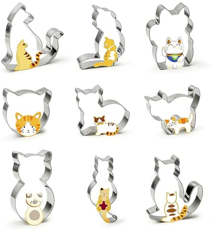 9 Stück Ausstechformen Katze, Edelstahl Kätzchen Plätzchen Ausstecher Set | Fondant Ausstechform Tier Katze, DIY Tierform Keksausstecher für Plätzchen, Kuchen & Deko