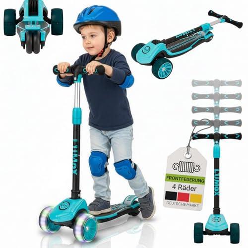 JUSKYS® Kinderroller Lumox Blau - LED-Rollen mit 4-Farb-Blinkeinstellung, höhenverstellbarer Kinderscooter, klappbar & Hinterradbremse, Dreiradscooter