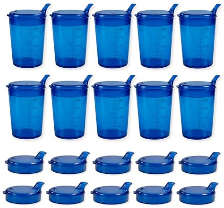 Medi-Inn+ Schnabelbecher 250 ml Praktisches Set: 10 Unterteile mit 20 Deckeln (10 x mit Öffnung 12 x 10 mm u. 10 x mit Öffnung 4 x 4 mm) | blau