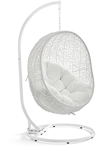 Modway Hide Wicker Rattan Outdoor Patio Porch Lounge Egg Swing Chair Set with Stand in White