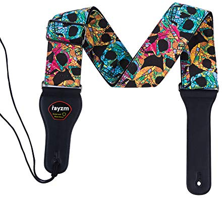 Rayzm Gitarrengurt/Bassgurt aus Baumwolle für Akustik-, E-Gitarre und Bassgitarre mit Plektum Tasche und Coolem Totenkopf-Design, 6,5 cm breit nur für Erwachsene (zu groß für Kinder)