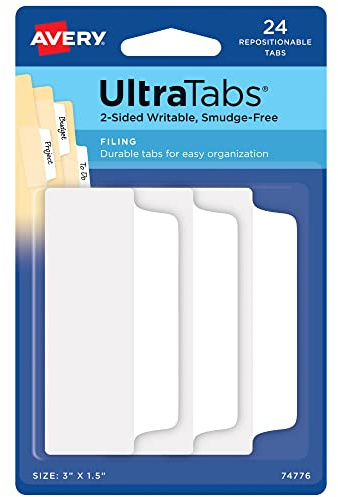 Avery Filing Ultra Tabs, 3 x 1.5, 2-Side Writable, White, 24 Repositionable File Tabs (74776)