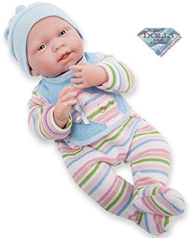 JC Toys, Muñeca La Newborn con Cuerpo de Goma. con Pijama a Rayas Multicolor de Manga Larga. NIÑO.