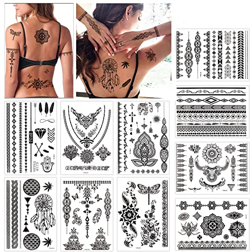 Konsait Henna Tattoo Aufkleber Schwarzer Spitze Mehndi temporäre Tätowierungs haut wasserfest Temporäre Tattoo Body Art für Frauen (10 Blatt)