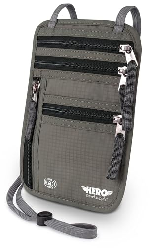 HERO Neck Wallet - RFID Blocking Passport Holder, Easy to Conceal Travel Pouch (Army Grey)