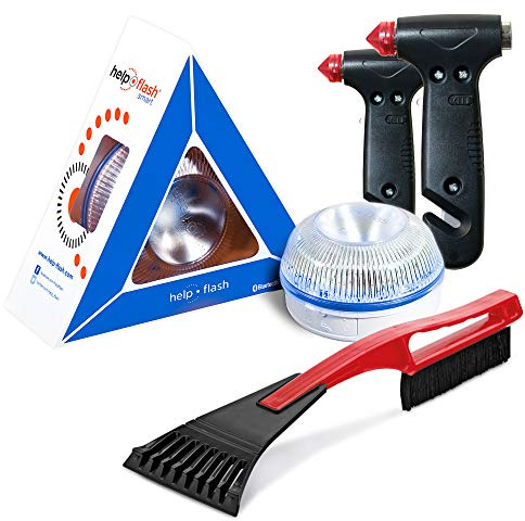HELP FLASH SMART PK2781- luz emergencia AUTÓNOMA preseñalización peligro y linterna, homologada, normativa DGT, V16, AUTOMÁTICA + 2xMARTILLO rompeventanas y cortador cinturón, y RASCADOR de hielo parabrisas, amarillo auto