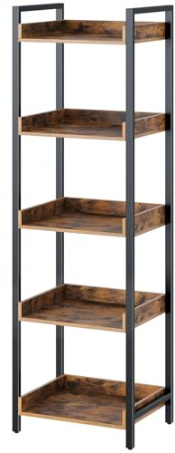 Rolanstar Bookshelf, 5-Tier Storage Rack, Narrow Corner Bookshelf, Display Wooden Shelves for Living Room, Bathroom, Balcony, Kitchen,Rustic Brown