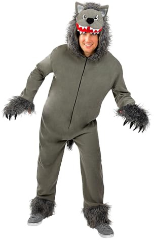 Funidelia Disfraz de lobo gris para hombre y mujer, Animales, Incluye mono y pieza para la cabeza - Traje para adultos para fiestas, Carnaval y Halloween, Talla M-L