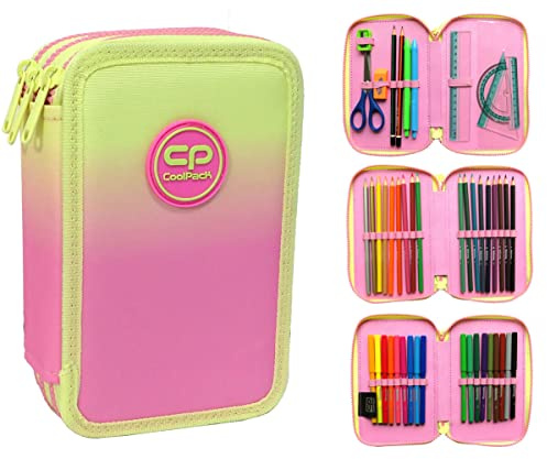CoolPack XXL Federtasche Federmappe 3-Fach Schulstiftetui, dreifaches Federmäppchen, Federmäppchen für EIN MÄDCHEN | Ombre Rosa Gelb Federmäppchen 44-teilig gefüllte Schüleretui 3-stöckig, E67614