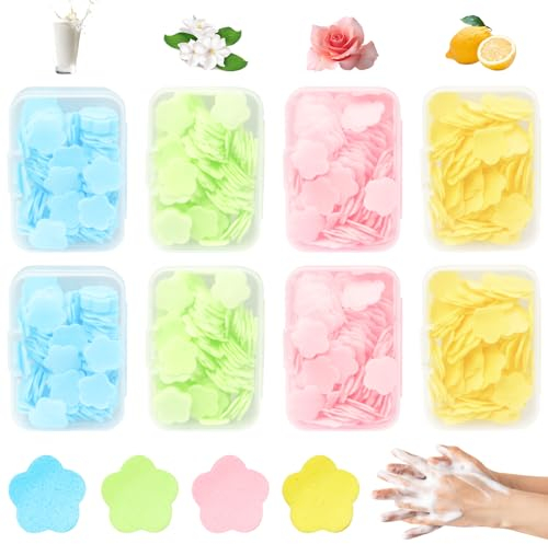 UTMACH 8 Boîtes Mini Papier à Savon Tranches de Savon Portable Feuilles de Savon de Voyage Jetables avec Boîte en Plastique pour Extérieur Camping Voyages （Jaune, Bleu, Rose, Vert）