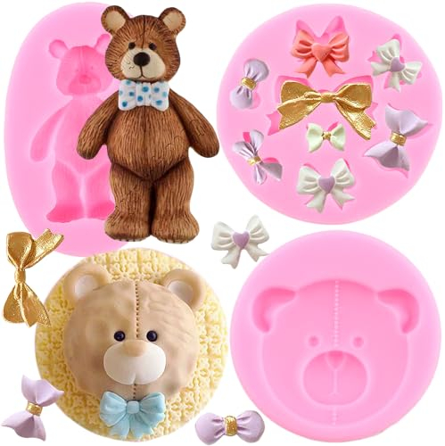 RFGHAC Lot de 3 moules en silicone en forme d'ours en forme d'ours en forme d'ours en forme d'ours en forme d'ourson et de nœud, pour décoration de gâteau de fête prénatale, ZB196CK