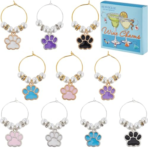 SUNNYCLUE 1 BOX 10PCS Enamel Dog Wine Glass Charms Cute Drink Charms Alloy Colorful Cat Paw Drinks Markers Charms Identifiers Tags for Gathering Wedding Party Favor Drinks Decor Supplies
