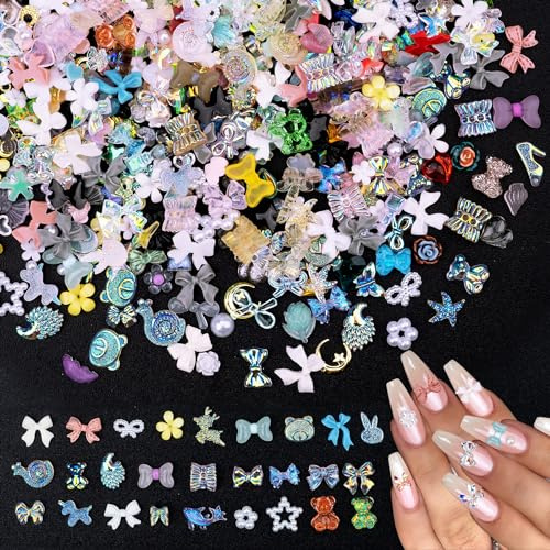 500 Pièces Perles Décoratives pour Nail Art, Strass Brillants 3D Nail Bead Charms Perle pour Décoration Art Ongle, Coeur, Nœud Papillon, Fleur, pour Filles Femmes Bricolage Accessoires Bijoux
