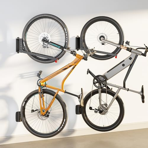 monTEK No-Lift Swivel Bike Wall Mount, Bike Hangers for Garage, 2 Pack | Space-saving bike storage rack pivots 120°; 4 settings fit 16-29 in wheels and tires up to 3.54 in wide; holds 77 lb each