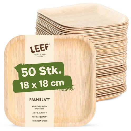 Leef 50x Piatti Quadrati in Foglia di Palma – Stoviglie monouso compostabili e naturali – 18 x 18 cm – ecologici – Piatti per feste