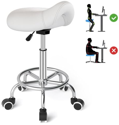 Sillín ergonómico - Cómoda silla de montar con un cojín ancho, giratorio y ajustable con ruedas y pedal de anillo para medicina, masaje, salón, oficina y hogar (color blanco)