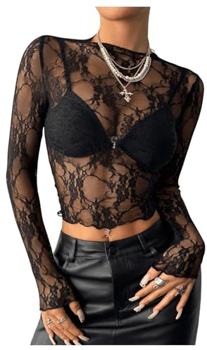 GORGLITTER Damen Elegant Spitzentop Stehkragen Bauchfreies Oberteil Durchsichtige Spitze Langarmshirt Tops mit Wellensaum Schwarz S