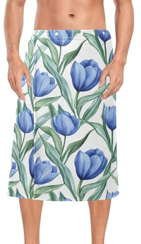 Tulipani blu reale con foglie verdi modello senza soluzione di continuità sfondo bianco pittura ad acquerello Style_3 asciugamano da uomo avvolgente asciugamano da sauna da spa 152 x 71 cm per sauna