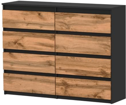 MRBLS_HOME Kommode mit 8 Schubladen - Holz Sideboard 120 x 92,5 x 33,5 cm (B/H/T) - Schmale Kommode für Schlafzimmer & Flur - Regal mit Schubladen - Schrank mit Schubladen (Schwarz Matt - Wotan)