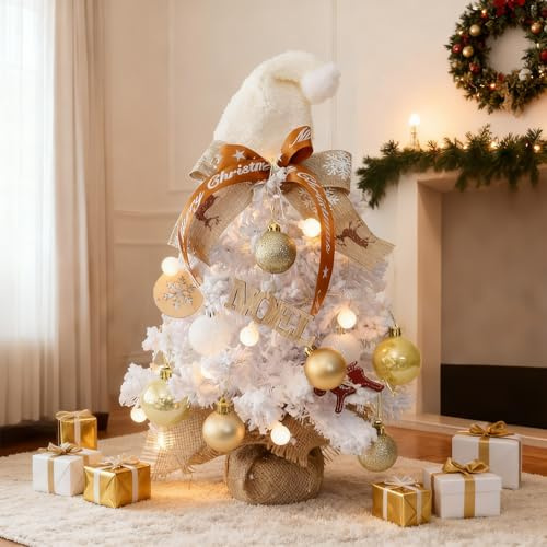 60 cm Mini albero di Natale con decorazione, set albero di Natale da tavolo artificiale, 2025 decorazione natalizia fai-da-te per Natale, ufficio, casa e decorazione festiva (Bianco)
