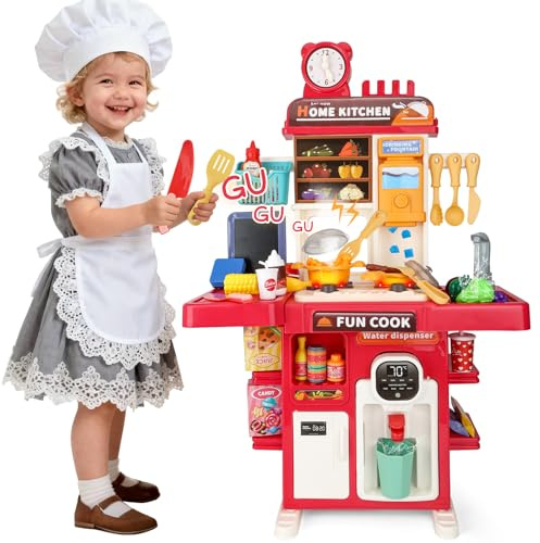 Cocina Juguete Niños Set de Cocina en Miniatura con Fregadero de Spray y Iluminación Realista, Juego de Cocina Simulada para Niñas y Niños de 3 4 5 Años, Regalo (Rojo)