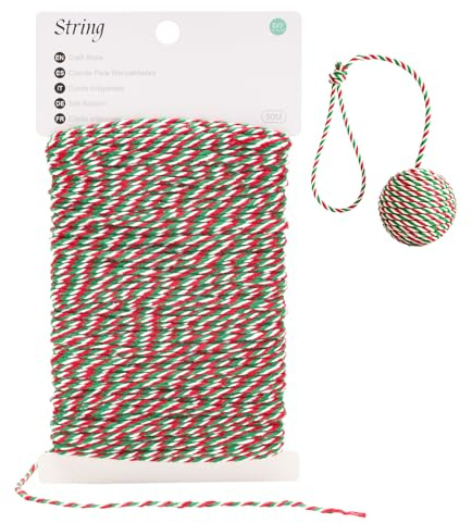 G2PLUS Red Green White Gift Wrapping String: 2mm Cotton Twine for Christmas Craft, Festive Wrapping, Holiday DIY and Decoration, 50M