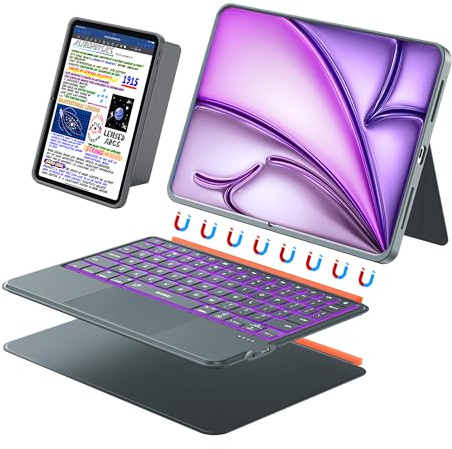 WIWU Funda Teclado para iPad Air 13 M4/M3/M2 Pro 12.9 Carcasa Magnética Teclado Desmontable Soporte Ajustable Teclas Retroiluminadas 7 Colores Trackpad (Gris, iPad Air 13 M4/M3/M2 Pro 12,9 6/5/4/3)