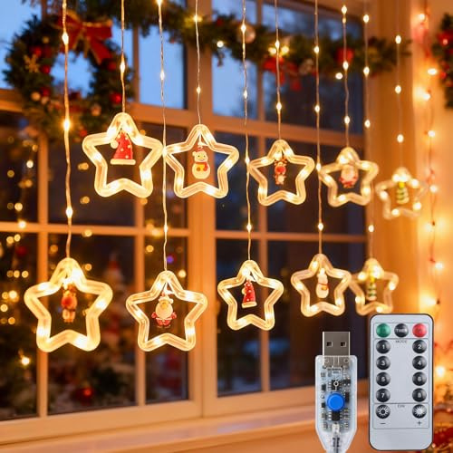 Qoosea LED Rideau Lumineux Noël, 100LED 3M Guirlande Lumineuse de Étoile, Chargement USB 8 Modes Lumière Decoration Noel Extérieur Étanche pour Chambre à Coucher Fête Mariage, Blanc Chaud