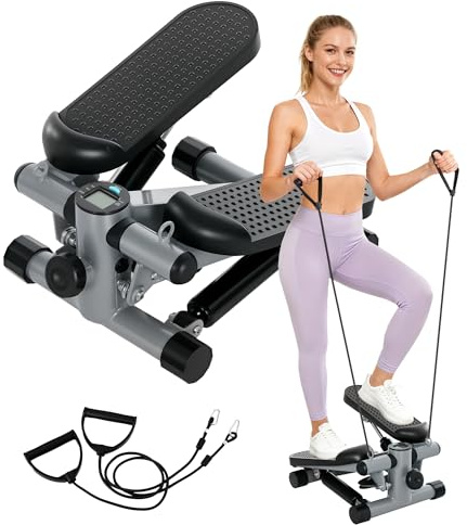 SPORTNOW Mini Stepper, Compact Step Machine Exerciser for Home Workouts, with Resistance Bands, LCD Monitor, Non-Slip Pedals, Grey