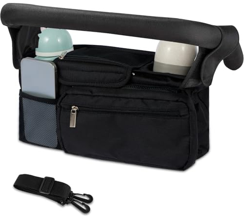 Stroller Organizer with 2 Cup Holder,Pram Bag Waterproof Oxford Infant Caddy Organizer with Detachable Pocket Adjustable Shoulder Strap Organizer Portable (Black)