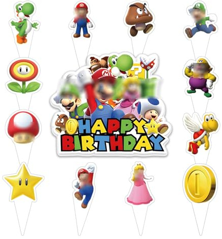 25pcs Cake Decorations with 24pcs Cupcake Toppers, 1pcs Cake Topper for Mario/Tenn Girl Boy Birthday Party Supplies