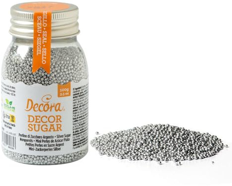 Decora, 2081126 Confezione da 100 G Perline di Zucchero Argentate, pronte all'uso, per decorare facilmente torte e dolcetti