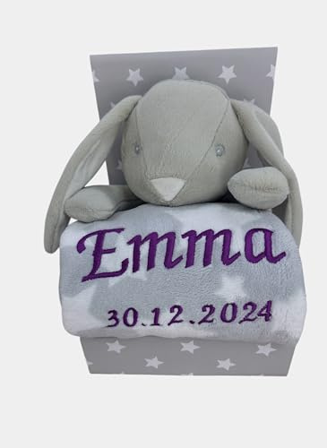 KIDDI-MEDIA Babydecke, Name & Geburtsdatum Bestickt, Grau/Weiss | Plüsch Stofftier, Geschenk Taufe Geburt, CE-Zertifizierung, HASE