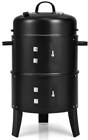Giantex 3-in-1 Charcoal BBQ Smoker, Outdoor Grill Cooker with Built-in Thermometer and 6 Hooks for Outdoor Backyard Cooking Grilling Camping